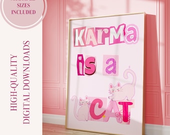 Karma Cat Art Print: Pink Preppy Maximalist Decor (Digital Download)