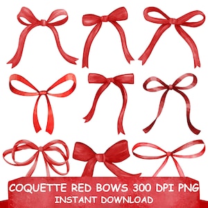 Puede incluir: Conjunto de diez lazos rojos de acuarela, perfectos para agregar un toque festivo a tus manualidades, tarjetas y regalos. Coquette Red Bows 300 DPI PNG Descarga instantánea.