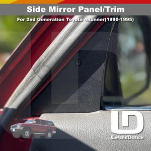 Könnte beinhalten: Schwarze Seitenverkleidung/Zierleiste für den Toyota 4Runner der 2. Generation (1990-1995). Das Bild zeigt eine Nahaufnahme der Verkleidung mit dem Text "Side Mirror Panel/Trim" und "For 2nd Generation Toyota 4Runner (1990-1995)". Eine kleine Grafik eines roten 4Runner ist ebenfalls zu sehen.