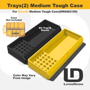 May include: Two medium-sized black and yellow trays designed for a Dewalt Tough Case (DWAN2190). The trays have a rectangular shape with a section for storing bits. The image also includes a graphic of the case and the text "Color May Vary From Image."