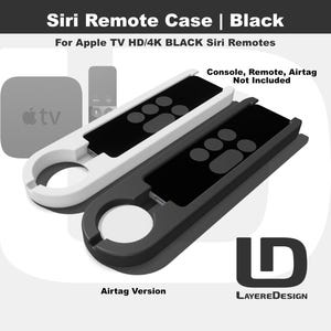 May include: Black and white Siri remote cases with a black Apple TV box and remote in the background. The cases are designed for Apple TV HD/4K Siri remotes. The text on the image says "Siri Remote Case | Black" and "Airtag Version."