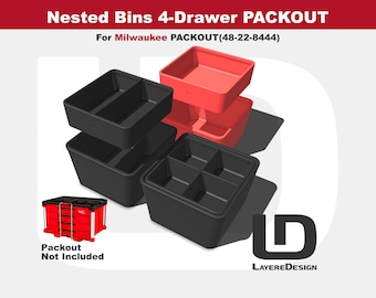 Milwaukee PACKOUT Nested Bins | 4-Drawer Tool Box | Custom Tool Organization | 48-22-84444 (Black or Red)
