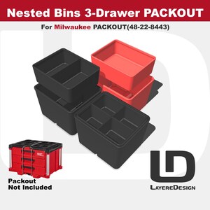 Milwaukee PACKOUT Geneste bakken | Gereedschapskist met 3 lades | Aangepaste gereedschapsorganisatie | 48-22-84443 (zwart of rood)