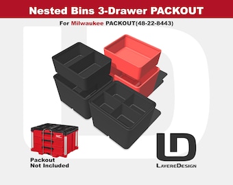 Milwaukee PACKOUT Nested Bins | 3-Drawer Tool Box | Custom Tool Organization | 48-22-84443 (Black or Red)