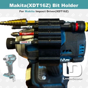 May include: A black bit holder attached to a Makita impact driver, holding various drill bits. The image includes the text "Makita (XDT16Z) Bit Holder" and "For Makita Impact Driver (XDT16Z)". The drill bits are in various colours, including gold, red, and black.