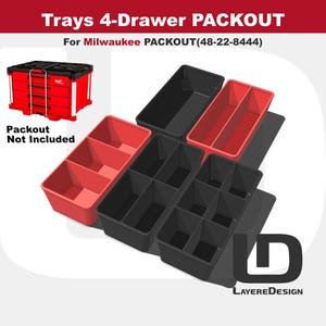 May include: Red and black trays for a 4-drawer PACKOUT system. The image shows several trays in red and black, with the text "Trays 4-Drawer PACKOUT" and "For Milwaukee PACKOUT (48-22-8444)". The PACKOUT is not included.