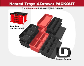 Milwaukee PACKOUT Nested Trays | 4-Drawer Tool Box | Custom Tool Organization | 48-22-8444 (Black or Red)