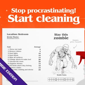 Może przedstawiać: Drukowalna lista kontrolna sprzątania z ilustracją zombie. Lista kontrolna nosi tytuł "Zabij tego zombie" i zawiera zadania takie jak "wyrzucenie śmieci", "pozmywanie naczyń" i "odkurzenie żaluzji". Każde zadanie ma przypisaną wartość obrażeń. Lista kontrolna jest częścią gry w sprzątanie "Zombie Edition".