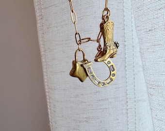 Western Bookish Charm Necklace • Cowboy Boot + Horseshoe + Star • Gold Plated Charm Necklace for Readers • Book Lover Gift