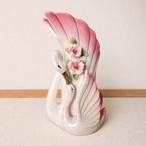 Vintage Mother Baby Swan Vase Pink Iridescent Ceramic Floral Lustreware Planter Cottagecore Quirky Ornament Gift