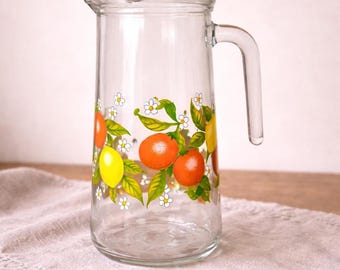 Vintage Glass Pitcher Fruit Lemon Orange Retro Kitchen Carafe