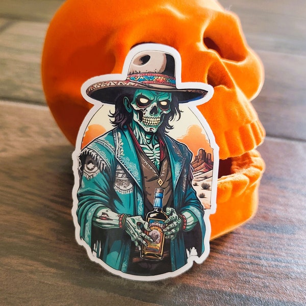 Outlaw Zombie Bandito / tequila bottle - teal cowboy jacket / western spooky creepy / water bottle, planner, car accessory - glossy vinyl