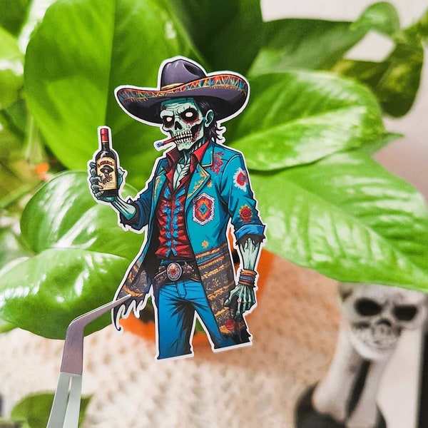 Zombie Bandito / teal cowboy jacket - beer bottle / spooky creepy, western / car window, laptop, phone, tumbler / glossy vinyl sticker