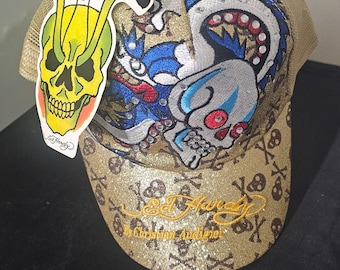 Vtg Ed Hardy Hat Rhinestone Brown Snapback Mesh Skull