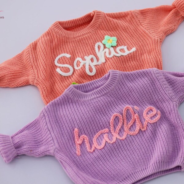 Custom Baby Name Sweatshirt, Personalized Hand Embroidered New Baby Sweater, Baby Girl Knitted Comforts Colors Jumper, Baby Birthday Gifts