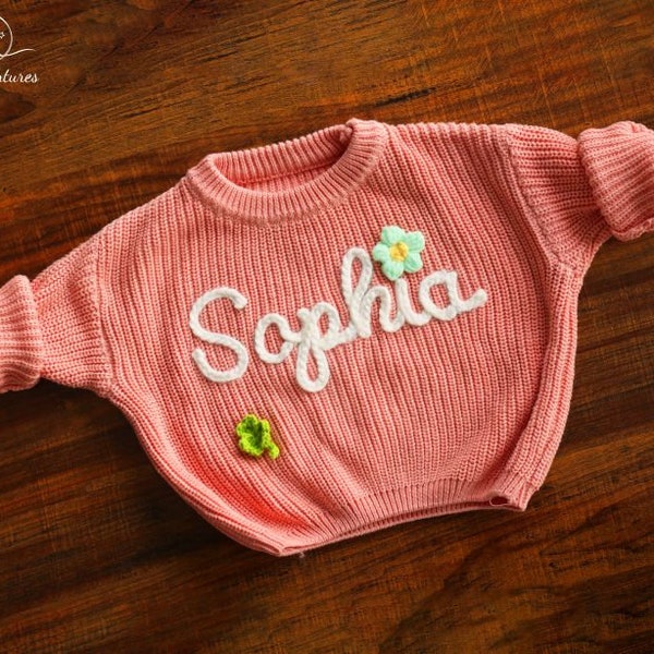 Personalized Baby Name Hand Embroidered Sweater, Custom New Baby Born Sweater, Baby Girl Knitted Comforts Colors Jumper, Baby Birthday Gifts