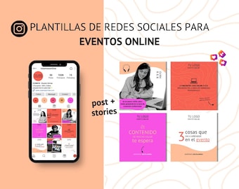 May include: A pink and red social media post template for an online event. The template features a woman wearing headphones and using a laptop. The text on the template says "TU LOGO EVENTO ONLINE CONTENIDO DE MUCHO VALOR te espera".
