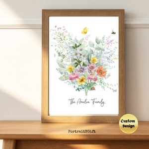 Ramo de flores de nacimiento familiar personalizado en acuarela / Regalo del día de la madre / Decoración minimalista para el hogar / Regalo personalizado para la abuela / Descarga digital
