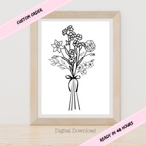 Custom Family Birth Flower Bouquet | Minimalist Birth Month Flower | Digital Family Bouquet | Grandma Flower Gift |  Line Art Print