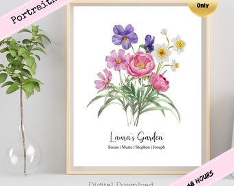 Watercolor Family Birth Flower Bouquet | Mother's Day | GrandmaBirth Month Flower |  Personalized Gift | Antique Bouquet | Digital Download