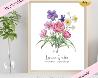 Watercolor Family Birth Flower Bouquet: Personalized Antique Gift (Digital Download)