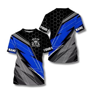 Personalized Lightning Graphic T-Shirt, Skull Emblem, Custom Name Sleeves