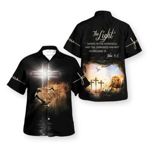 Christian Lion Cross Hawaiian Shirt, John 1:5 Verse Aloha Button Up
