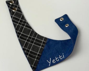 Personalized Dog Bandana – Custom Name Embroidered Pet Scarf, Handmade Plaid and Denim Dog Gift