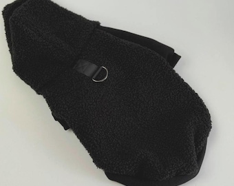 Black Fleece Dog Hoodie: Sherpa Pullover with Harness Hole