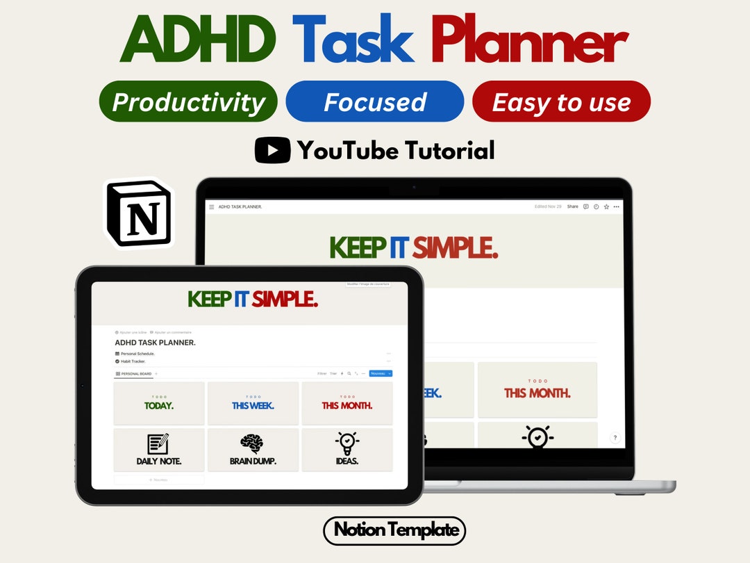 ADHD Task Planner Notion template productivity self care ADHD Life ...