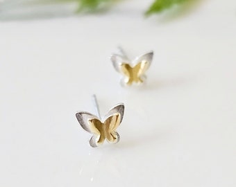 Tiny Butterfly Stud Earrings: Sterling Silver & Gold Insect Jewelry
