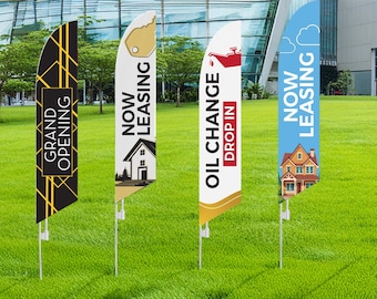 Predesigned Feather Flag Banner, Outdoor Advertising Sign for Storefront, Pre Printed. Flag + pole+ ground spike.