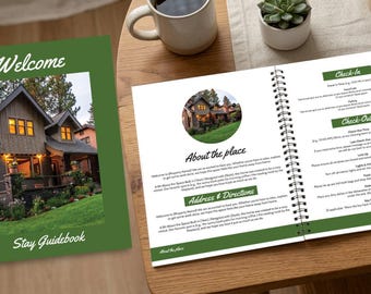 Digital Airbnb Welcome Book Template, Editable Printable. Green-Cabin. 10 pages.