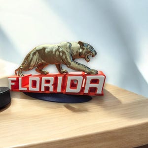 Letras maiúsculas elegantes da Flórida com estátua de hóquei Stalking Hunter Panther, decoração incrível para caverna do homem Champions