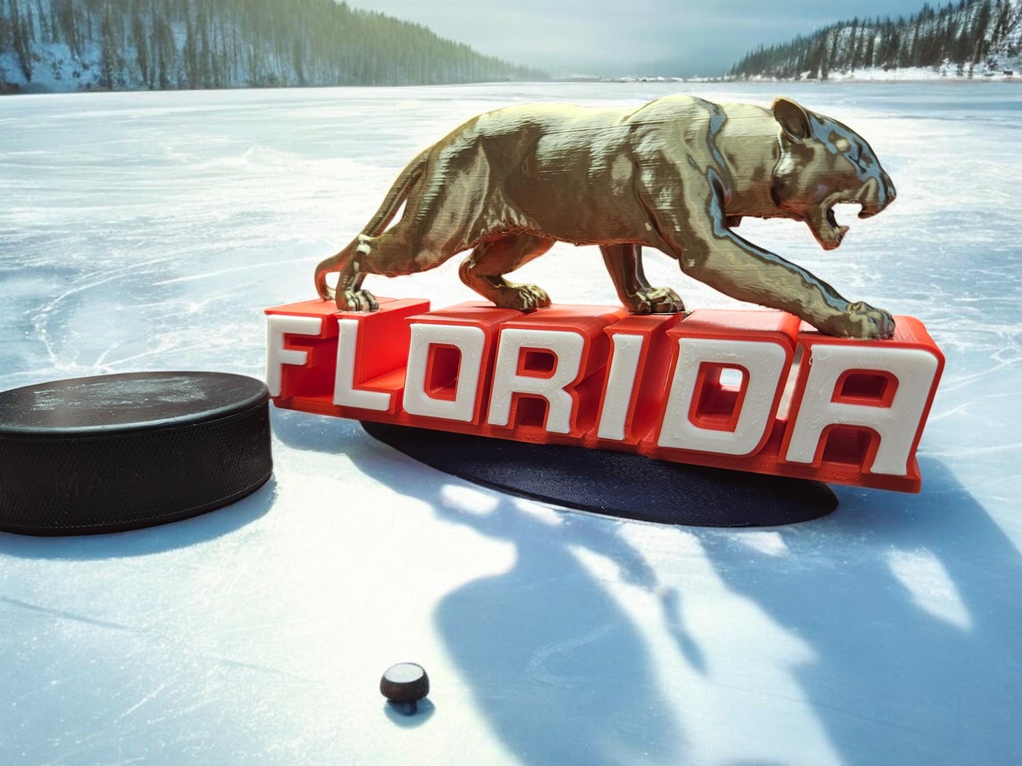 Sleek Florida Block Letters with Stalking Hunter Panther Hockey Statue Awesome Man Cave Decor Champions