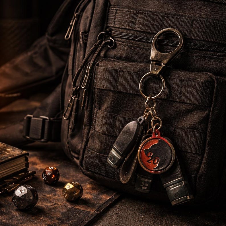 Puede incluir: Una mochila t&aacute;ctica negra con un llavero que presenta un colgante rojo y negro con el n&uacute;mero 20. El llavero tambi&eacute;n contiene dos accesorios negros y est&aacute; sujeto a un mosquet&oacute;n de metal. Varios dados est&aacute;n esparcidos sobre una superficie de madera.