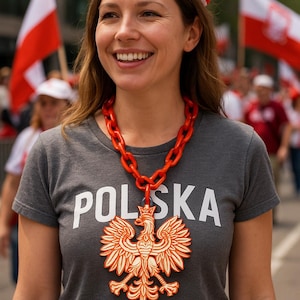 Puede incluir: Una mujer con una camiseta gris con la palabra "POLSKA" en blanco y un gran emblema de águila polaca naranja y blanco. También lleva un collar de cadena roja y una diadema floral con flores rojas y blancas.