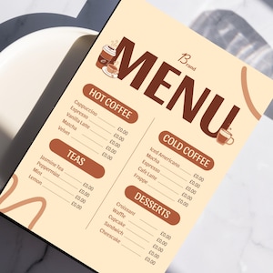 Modelo de cardápio, modelo estético, cardápio de café, cardápio de chá, lista de preços, modelo de café, modelo de ambiente Soho
