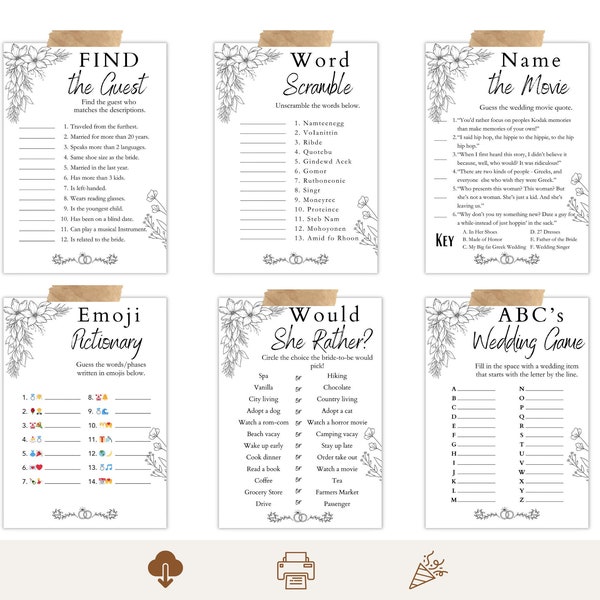 Floral Bridal Shower Games Bundle, Wildflower Printable Games, Black And White Wedding Shower Games Pack, Bridal Party Games, Download Print