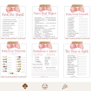 Pacchetto giochi Pink Bow Baby Shower, pacchetto giochi stampabile Pink Ribbon Baby Girl Shower, Baby Word Scramble, Previsioni del bambino, Download istantaneo