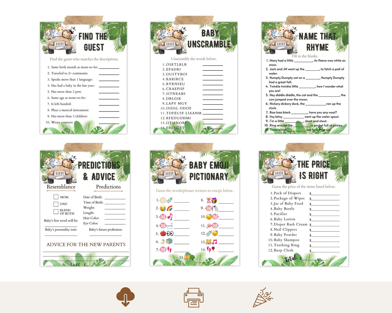 Safari Baby Shower Games Bundle, Printable Jungle Animals Baby Shower ...