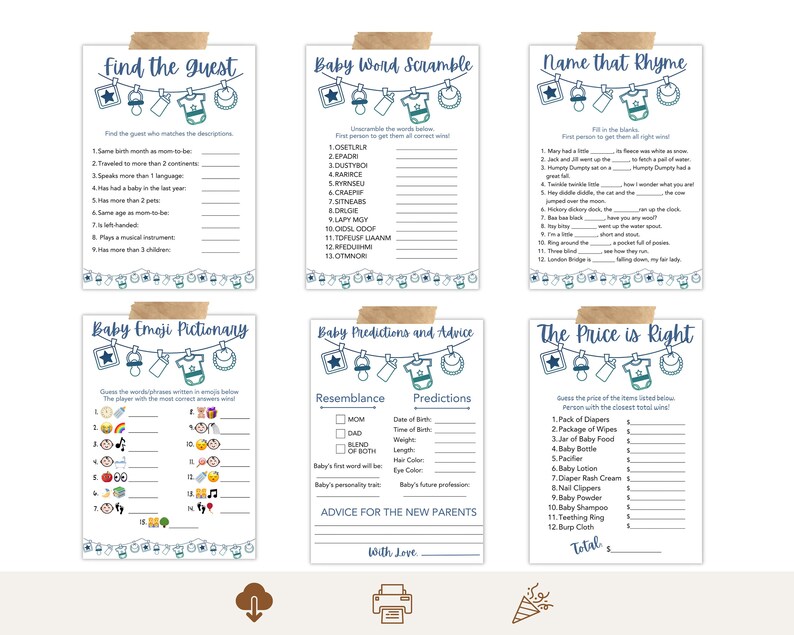 Boy Baby Shower Games Bundle, Printable Baby Shower Games, Word