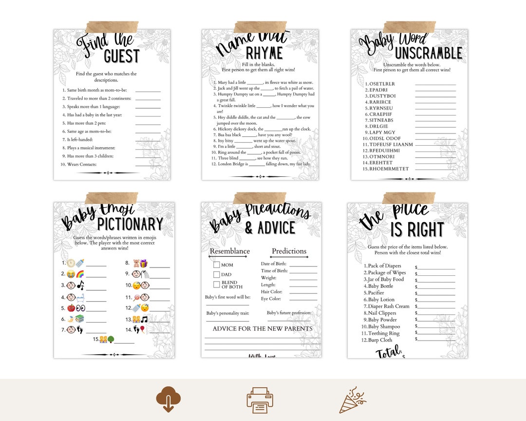 Gender Neutral Baby Shower Games Bundle, Printable Flower Baby Shower ...