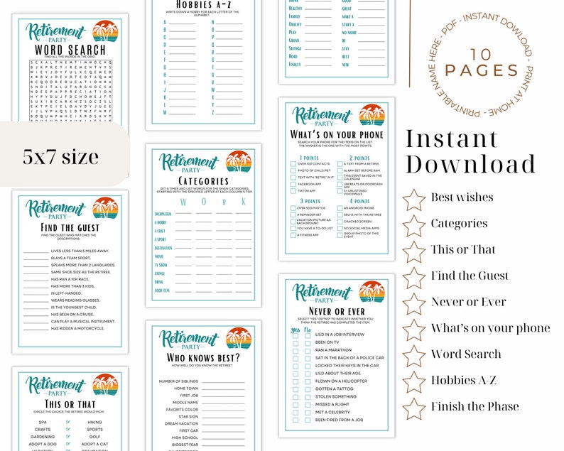 Palm Tree Retirement Party Games Bundle, Interactive Printable Games ...