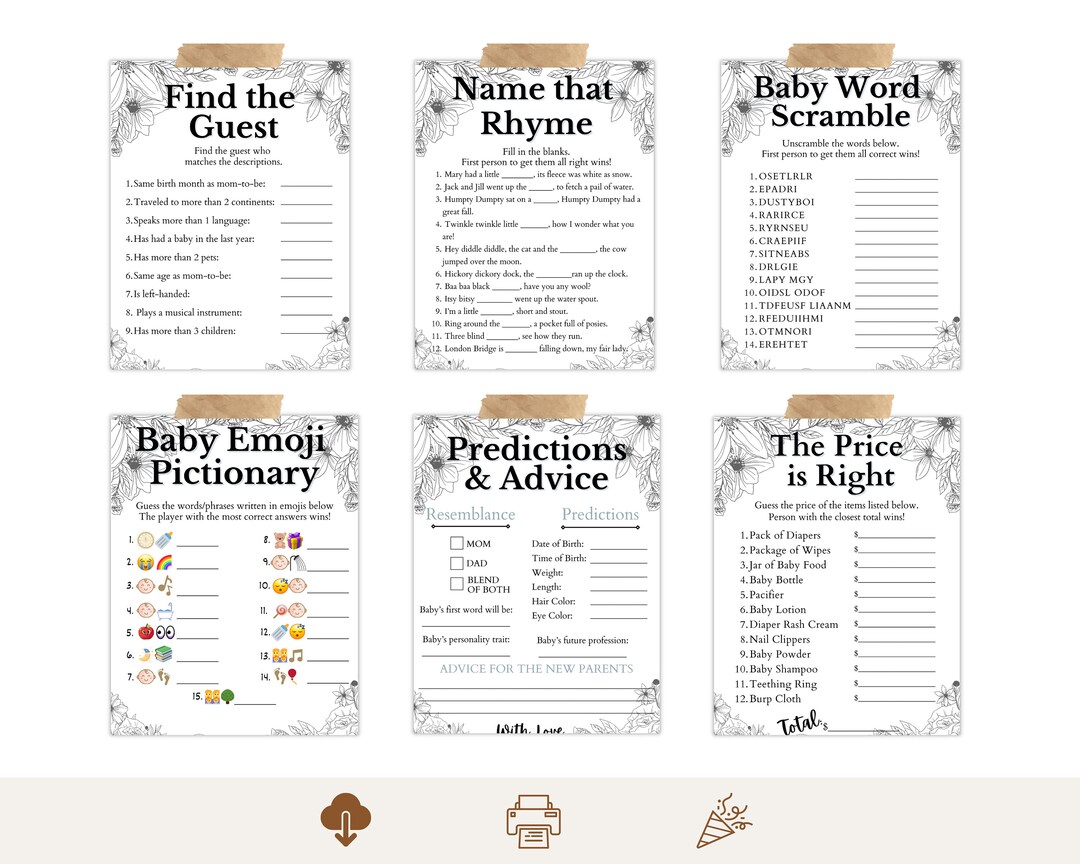 Printable Gender Neutral Baby Shower Games Bundle, Flower Baby Shower ...
