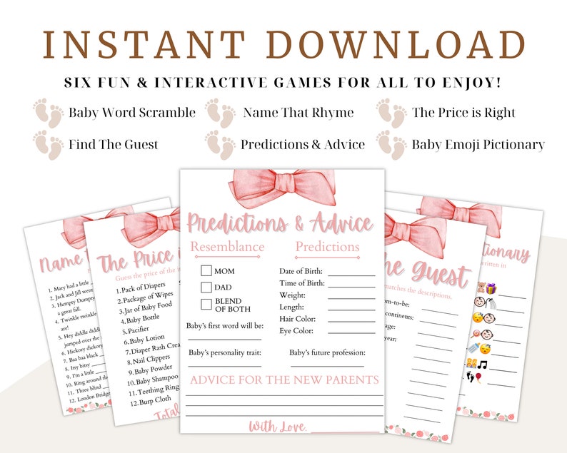 Pink Bow Baby Shower Games Bundle, Printable Pink Ribbon Baby Girl ...