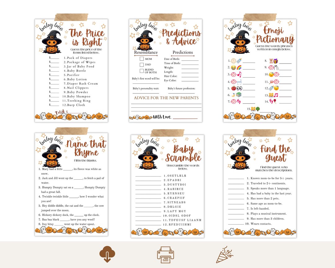 Halloween Baby Shower Games Bundle, Printable Games, Witchy Spooky ...