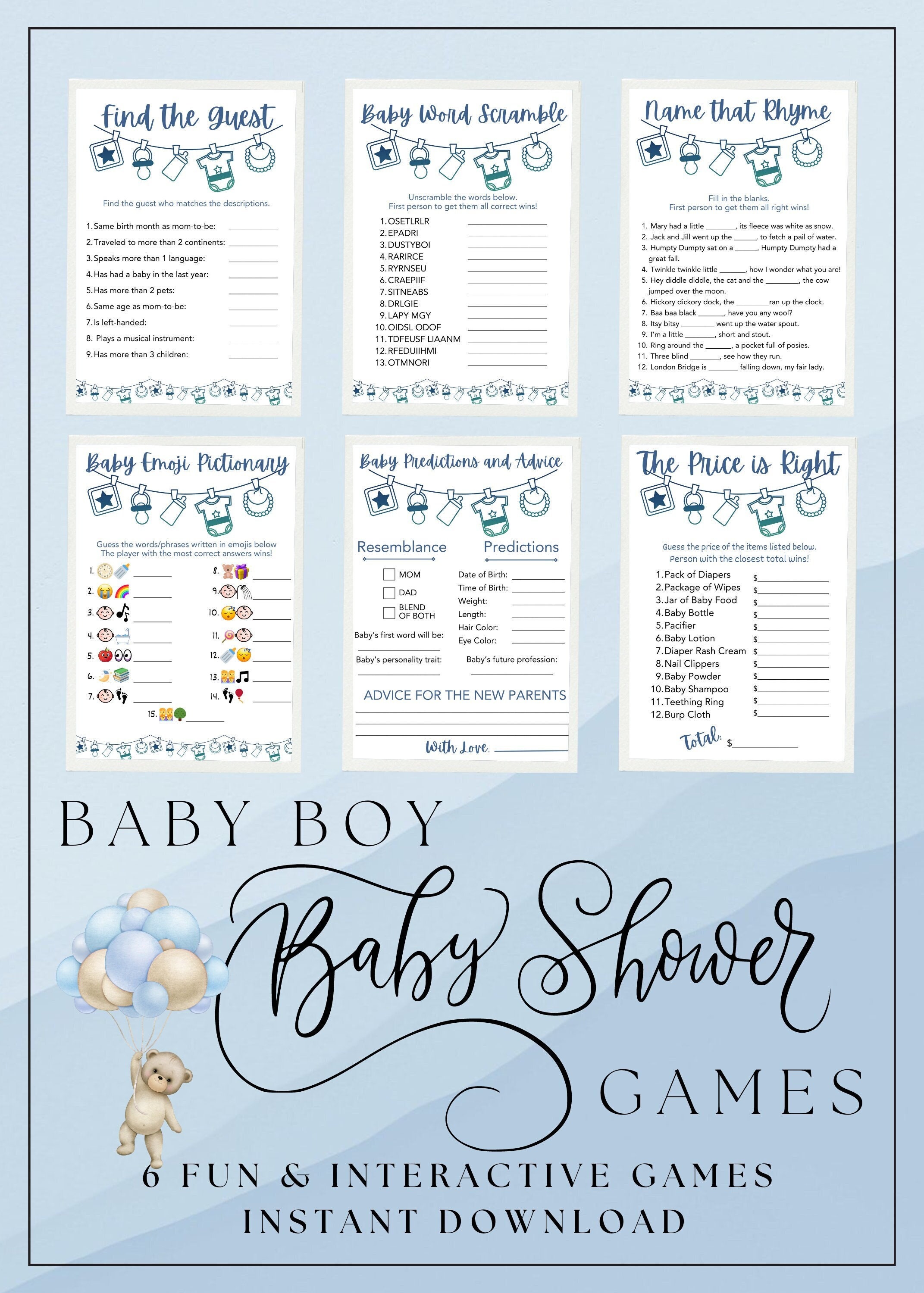 Boy Baby Shower Games Bundle, Printable Baby Shower Games, Word Scramble, Baby Advice, Guess The Price, The Price Is Right, Instant Download