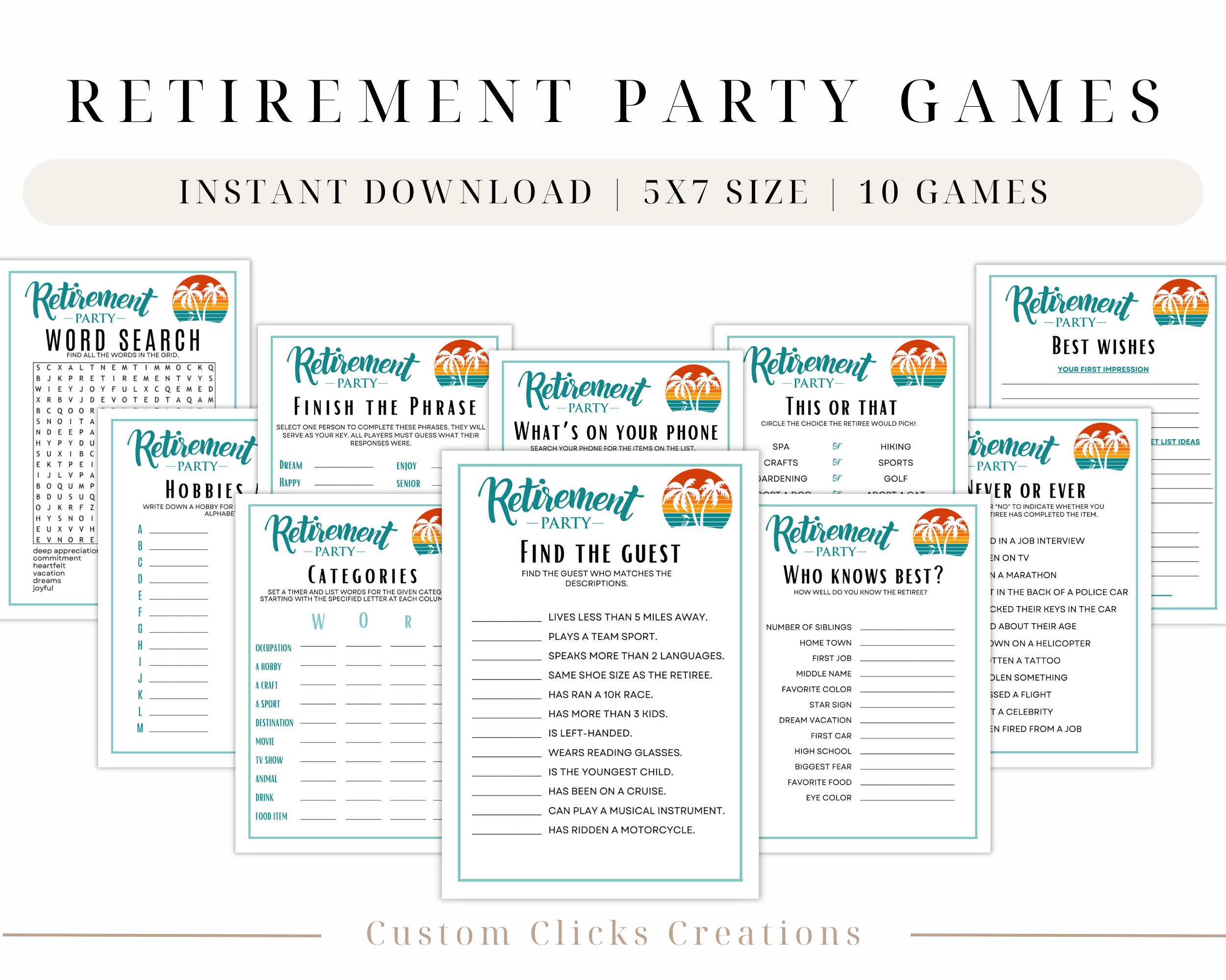 Palm Tree Retirement Party Games Bundle, Interactive Printable Games ...