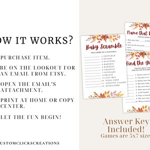 Autumn Baby Shower Games Bundle, Fall Leaves Printable Activities Pack ...